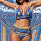 Vintage National Bikini Swimsuit With Mesh Cover Ups Cross Front Halter Bikini 3 Piece Set Blue/Green/Red High Waist Beachwear