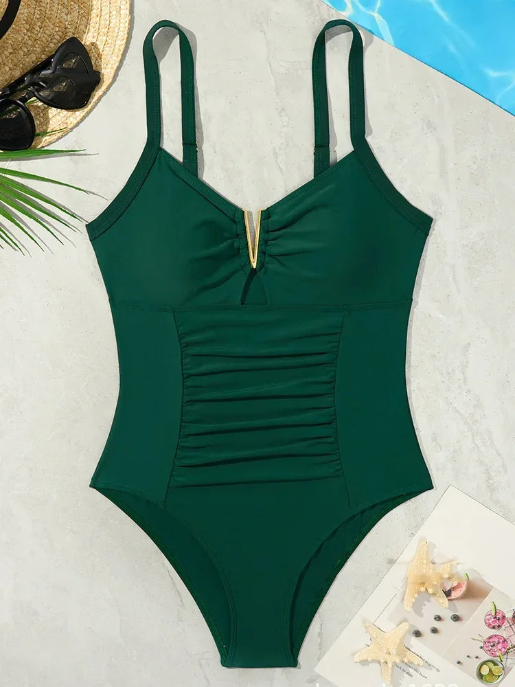 2026 V Neck Pleated Swimsuits Female Swimwear One Piece Swimsuit Women High Cut Bather Bathing Suit Swim Beachwear Slim Bodysuit