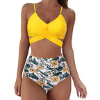 Hot 12 Colors Women Slim Bikini Sets High Waisted Sexy Swimwear 2 Pieces 2025 Solid/Floral Ruched Brazilian Swimsuit Cross Front