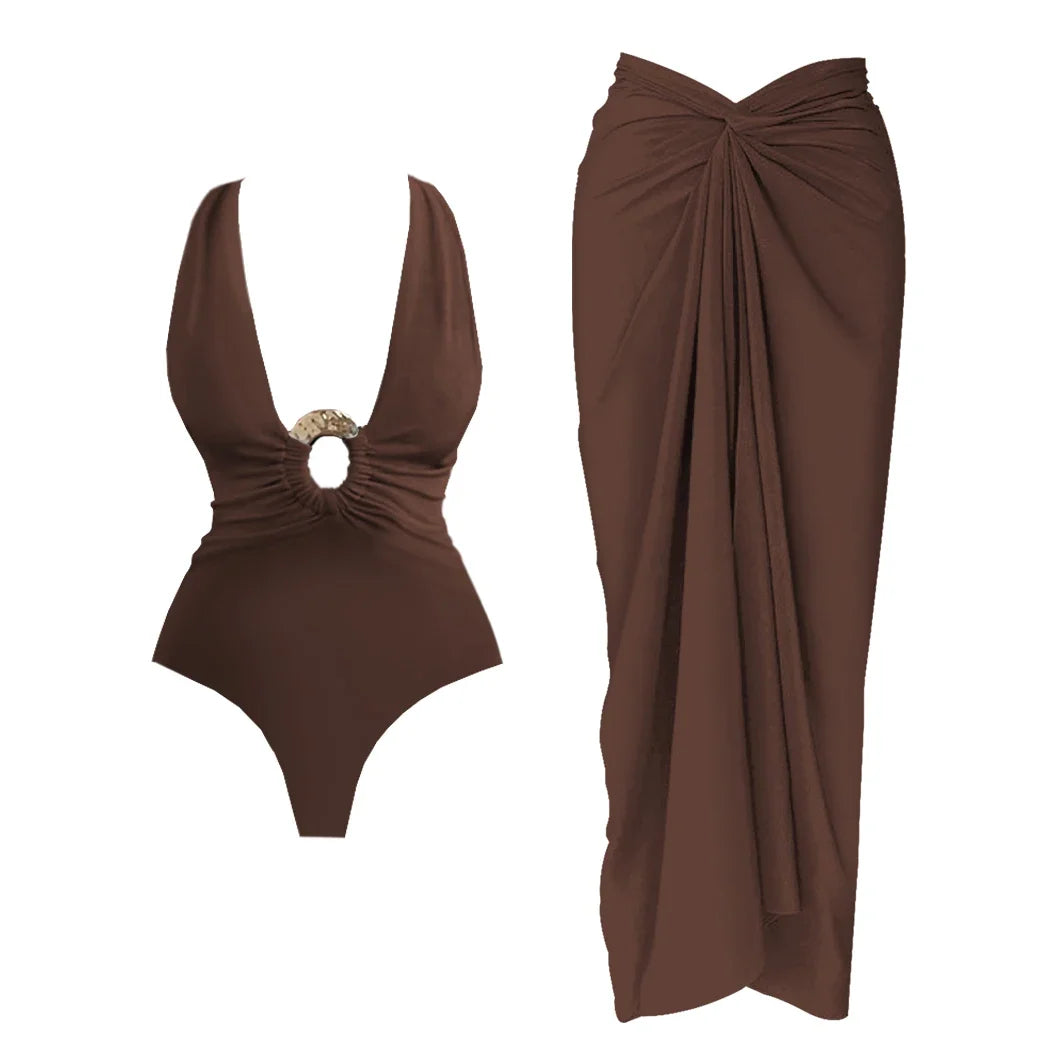 2Pcs Deep V One Piece Swimsuit Sexy Women Swimwear 2025 Shiny Star Bikini High Waist Biquini Female Swim Suit Bodysuit Beachwear
