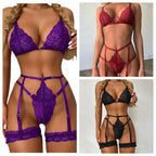 Women's Sexy Lingerie Set Lace Porn Costumes 3 Piece Push Up Bra G-String Garter Exotic Sets Lenceria Erotic Underwear For Sex
