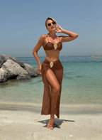 Vintage White Swimsuit Women Metal Oyster Buckle Push Up Mesh Long Skirt 3 Piece Bikini Set 2025 Holiday Bathing Suit Swimwear