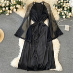 Sexy Embroider Edge Lady Kimono Bathrobe Dress Gown Mesh Sleeve Wedding Long Robe Sleepwear Loose Silk Satin Nightwear Lingerie