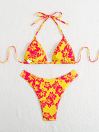 Summer retro floral print 2-piece bikini lace up swimsuit sexy high waisted women's swimsuit