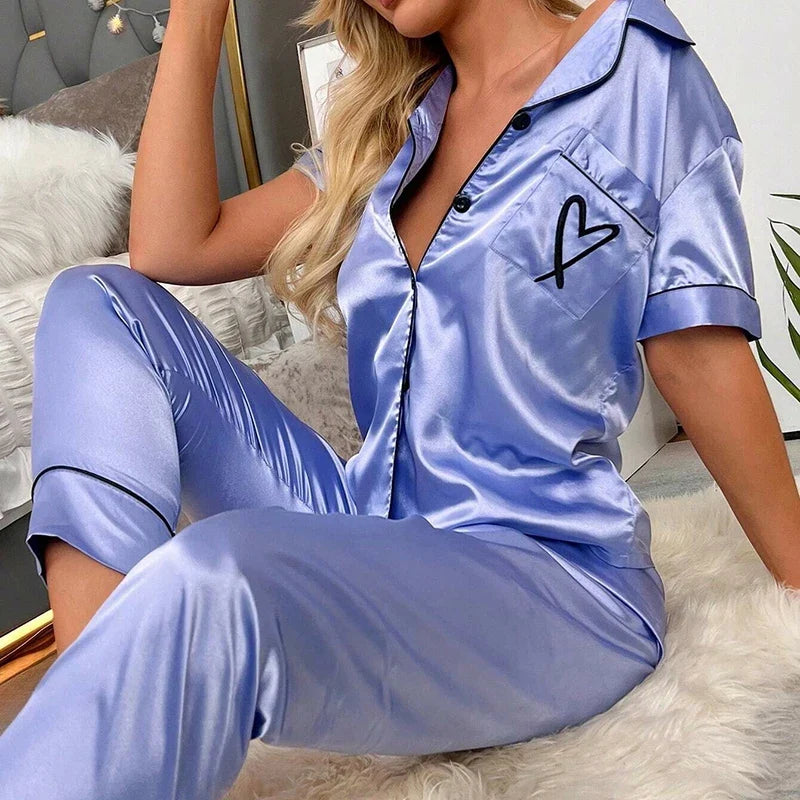 Women‘s Striped Printed Silk Satin Pajamas Summer Nightwear Trouser Suits Satin Set Woman 2 Pieces Short Sleeve Sleep Tops Night