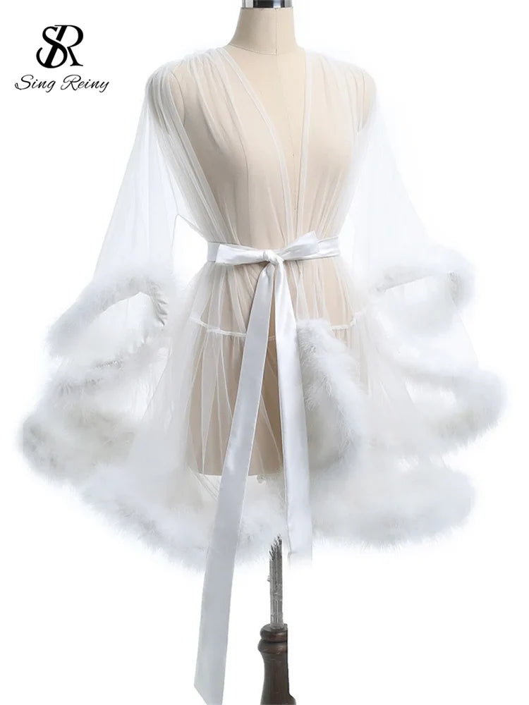 SINGREINY Female Sheer Shapewear Robes Fashoin Long Sleeve Plush Spliced Thin Lingerie Women Lace Up Erotic Midi Long Sexy Robes