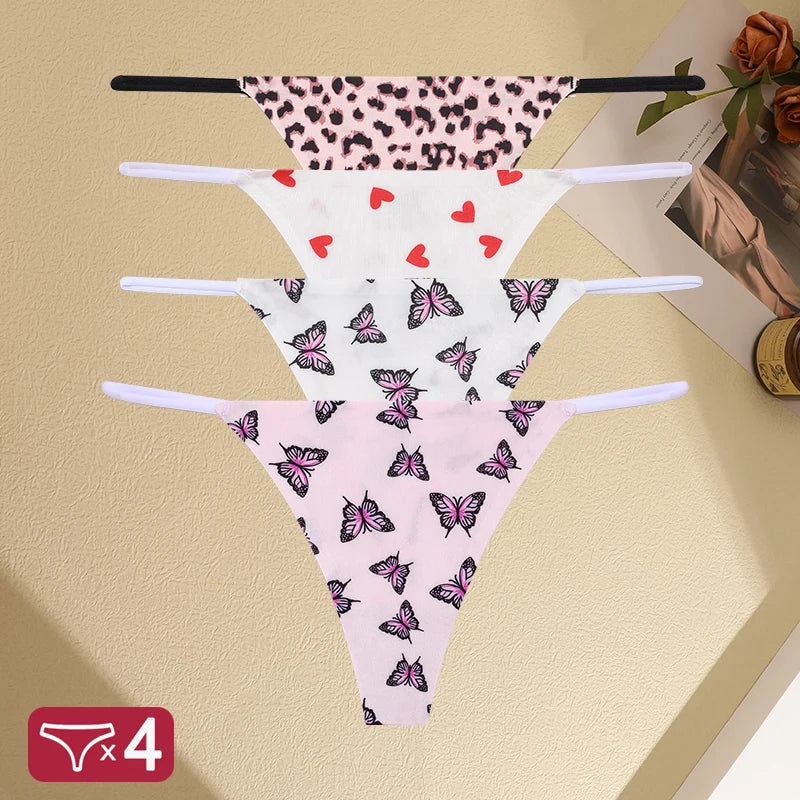 FINETOO 4PCS Seamless Thong Women Thin Strap Low Waist High Flexibility Panties Sexy Underwear Ladies Briefs T-back Comfortable