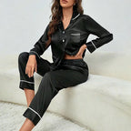 Spring Autumn Silk Pajamas Set for Women Casual Soft Nightwear Long Shirt Tops and Long Pants Cardigan Sleepwear Homewear