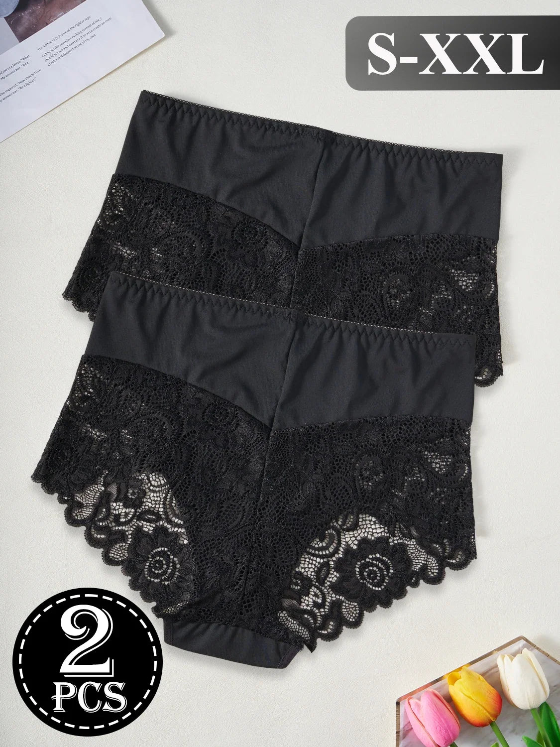 2PCS Black High Waist Women's Underwear Hollow Out Lace Floral Sexy Panties Solid Color Comfortable Briefs Lingerie S-XXL
