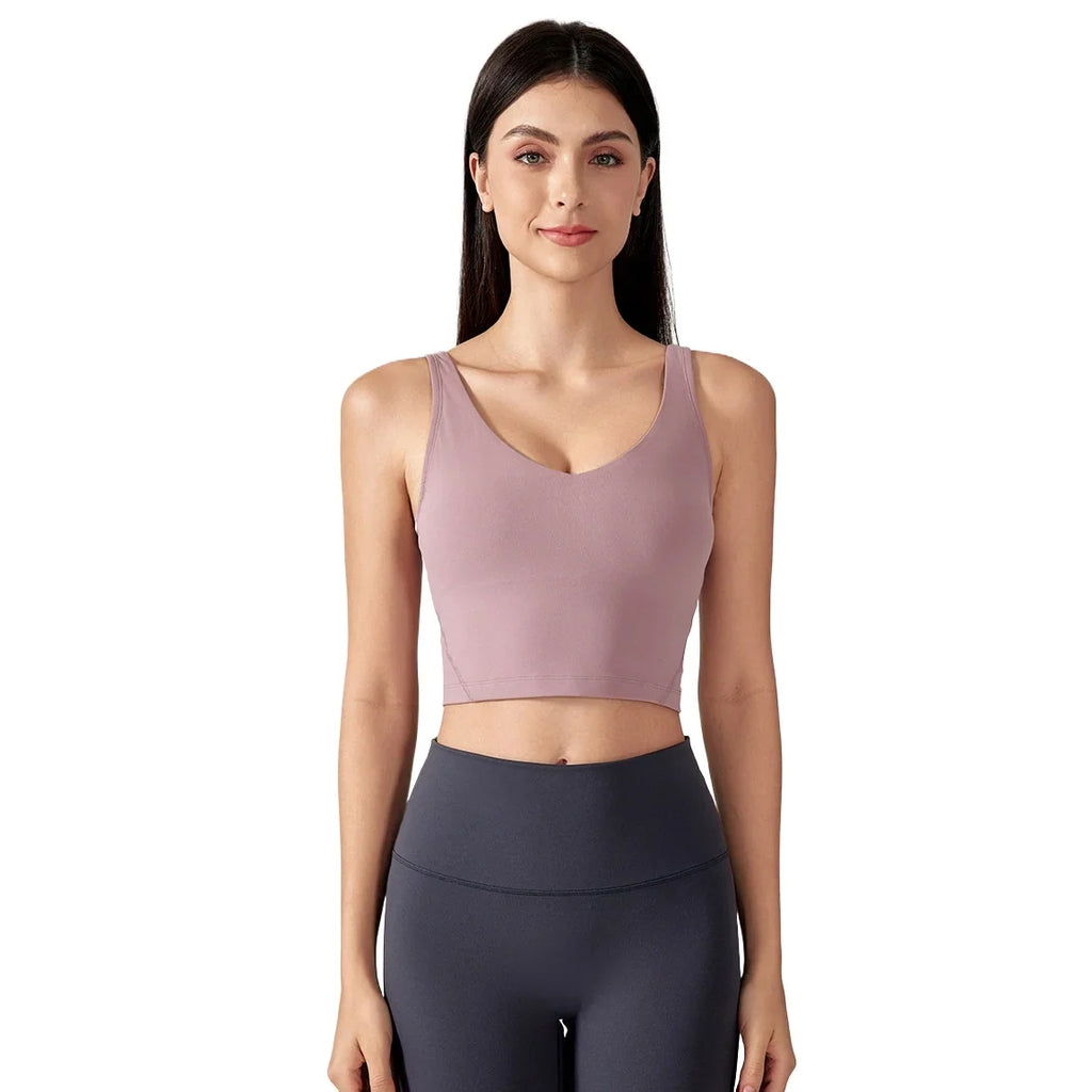 SHINBENE Women's V-neck Slimming Fitness Long-sleeve Padded Short-sleeve Sports Bra Yoga Bra Classic Athletic Tank Top