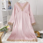 Female Long Nightdress Sexy Hollow Lace Sleepwear Home Dress Palace Style Princess Nightgown Nightwear Casual Satin Loungewear