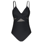 Contrast Mesh One Piece Swimsuit, V Neck Solid Color Backless Tummy Control High Cut Bathing Suit, Women's Swimwear & Clothing