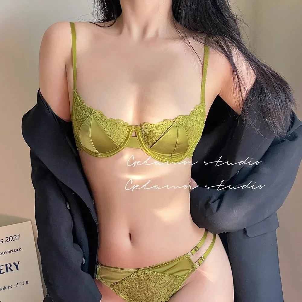 Sexy Hot Bra for Women Half Cup Ultra-thin Lace Large Breasts Show Small Chest Anti-sagging Bra Set Lencerias Sexy Underwear