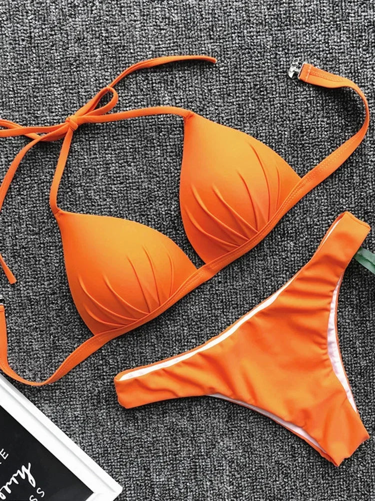 2025 Halter Bra Cup Bikini Sexy Swimsuit Female White Swimwear Women Push up Bikini set Brazilian Bathing Suit Bandeau Swim suit