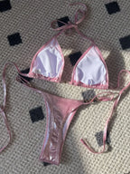 Shiny Pink Micro Bikini 2025 Mujer Women Sexy PU Pearls Push Up Thong Swimsuit Summer Bathing Suit Bandage Holiday Swimwear