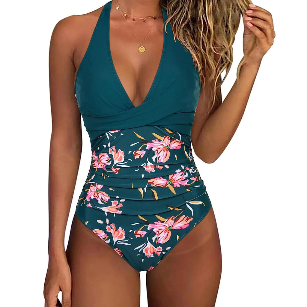 Women's One Piece Swimsuits Tummy Control Bathing Suits for Womens Halter V Neck Criss Cross Ruched Push Up Slimming Swimwear