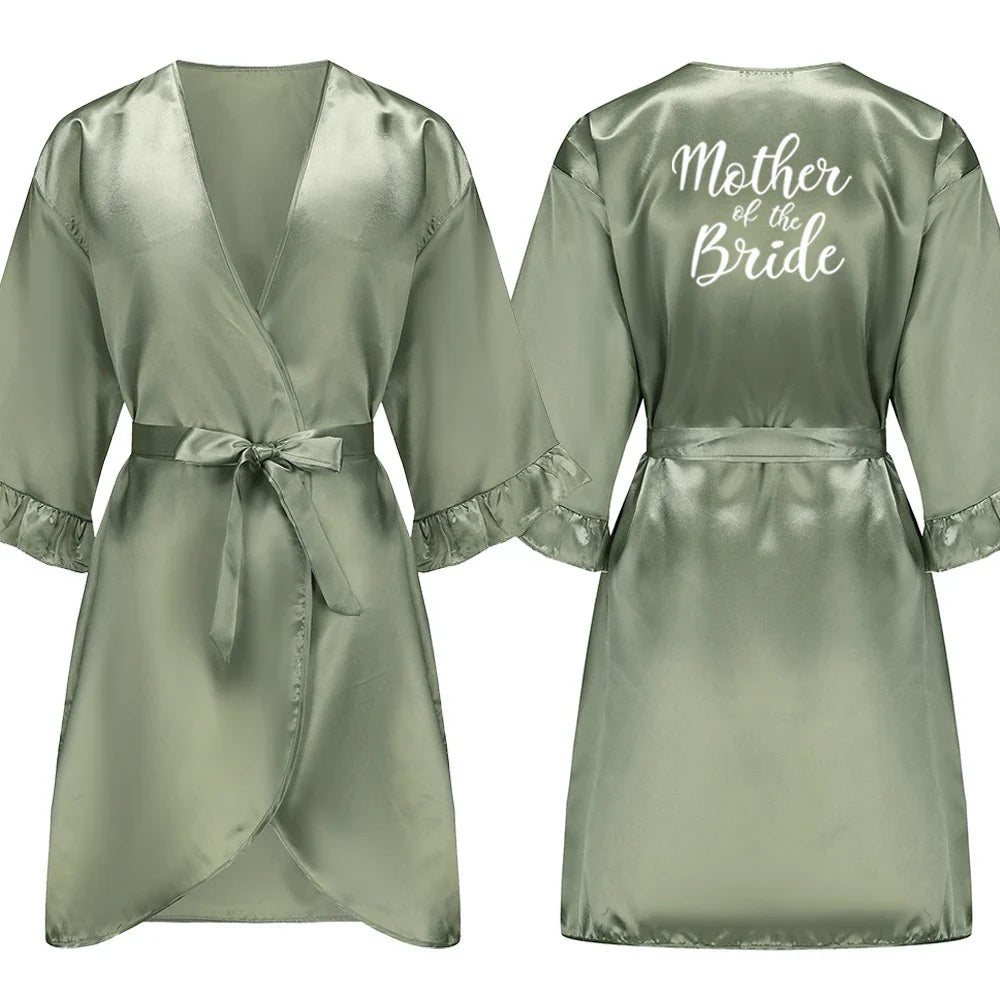 Grass Green Bride Satin-Silk Robe Women Bridal Party Sister Team Mother Shower Gift Bridesmaid Wedding Short Robes with Ruffle