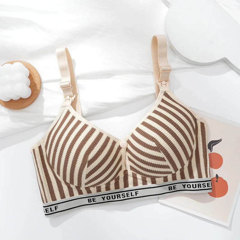 New Lightweight Breathable Maternity Breastfeeding Bra Made of Pure Cotton Gathered Anti Sagging Letter Stripe Women's Underwear
