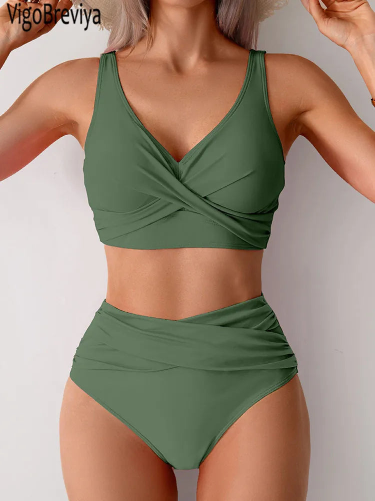 VigoBreviya 2027 Sexy Solid Strapped Swimwear Women Cross Push Up Bikini Set Brazilian Lady Swimsuit High Waist Beach Bath Suit