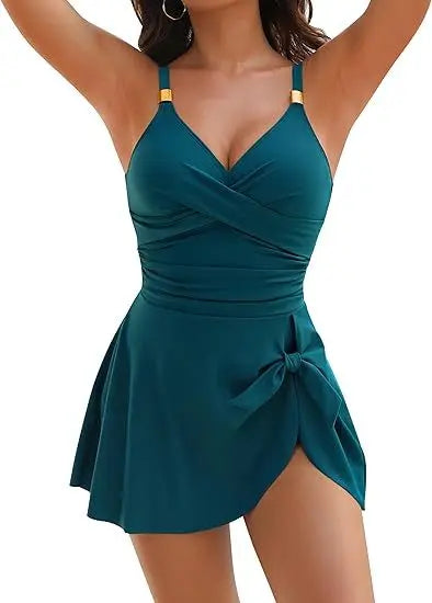 Tummy Control Women Swimdress Sexy One Piece Slim & Comfortable Ruched & Cross Swimwear Elasticity & Quick Drying Beachwear 2025