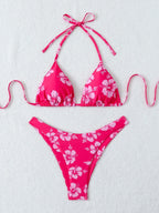 Summer retro floral print 2-piece bikini lace up swimsuit sexy high waisted women's swimsuit