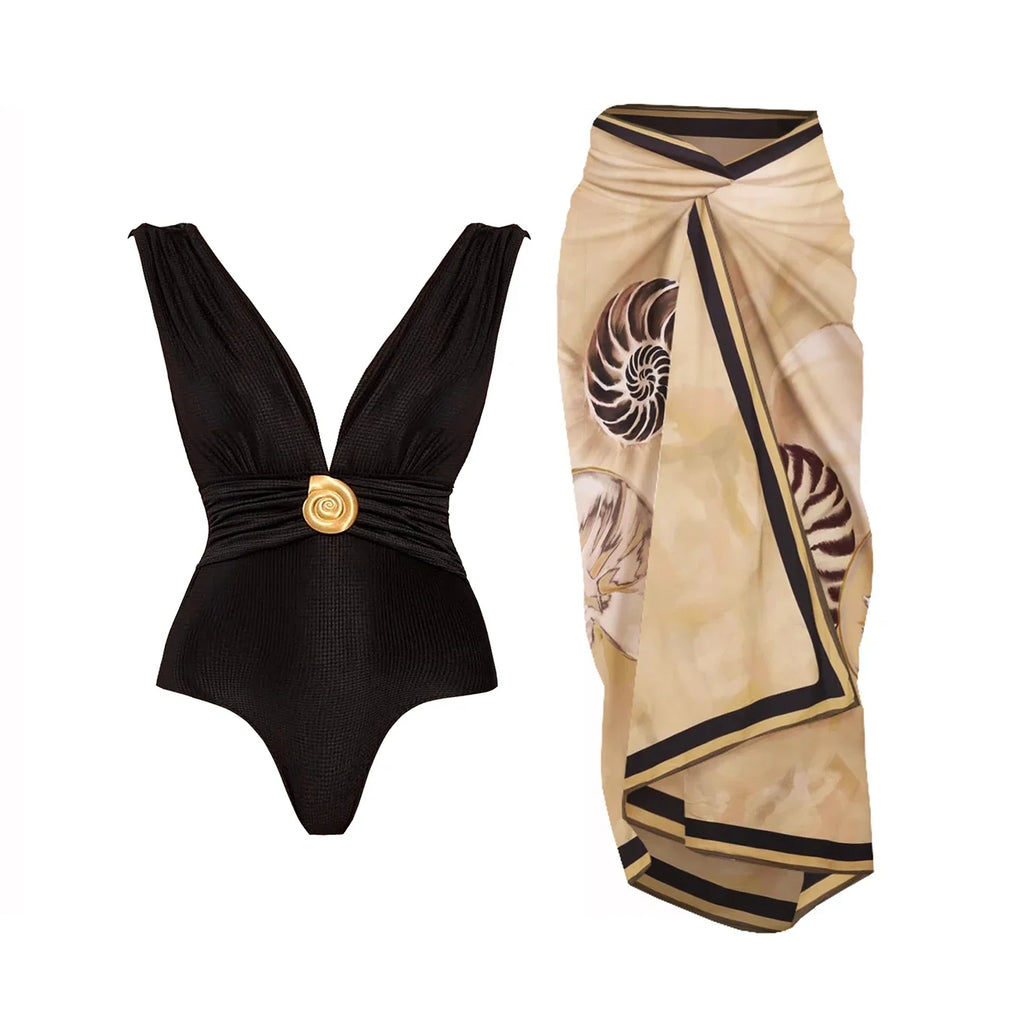 2Pcs Deep V One Piece Swimsuit Sexy Women Swimwear 2025 Shiny Star Bikini High Waist Biquini Female Swim Suit Bodysuit Beachwear