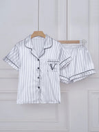 Striped Embroidered Letter Pocket Short Sleeve and Shorts Pajama Set, Casual Satin Sleepwear with Lapel Collar and Button Detail