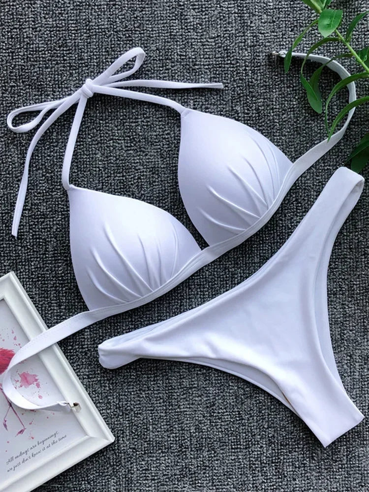 2025 Halter Bra Cup Bikini Sexy Swimsuit Female White Swimwear Women Push up Bikini set Brazilian Bathing Suit Bandeau Swim suit