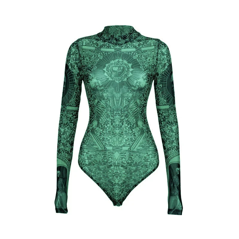 Gothic Print Naked See Through Bodycon Jumpsuits Y2K Lace Mesh Long Sleeve Slim Bodysuits Women Summer T-Shirts Tops Streetwear