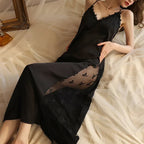 Women Backless Kimono Dressing Gown Sexy Perspective Nightgown Satin Sleepdress Lace Patchwork Nightwear Ultra Long Loungewear