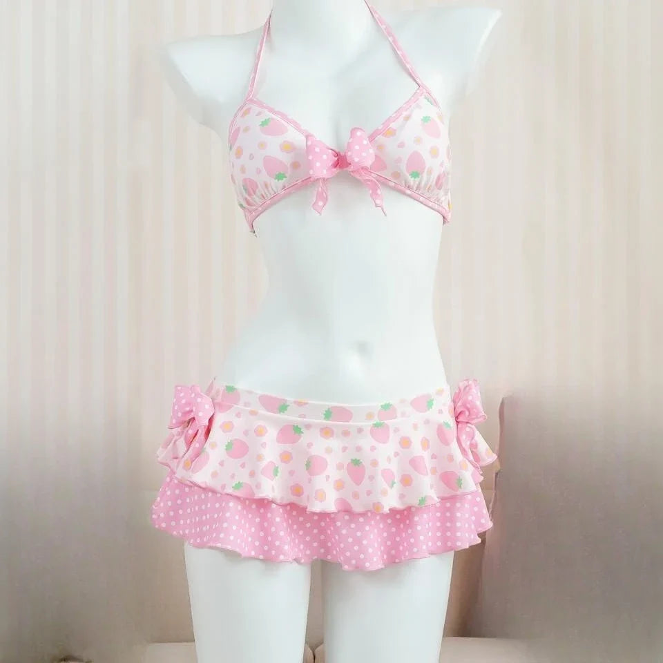 2026 Y2k Summer Cute Pink Sweet Patchwork Sets Cute Bow Design Sexy Lace-up Style Casual Bikini Swimsuit Beach Vaction Clothes