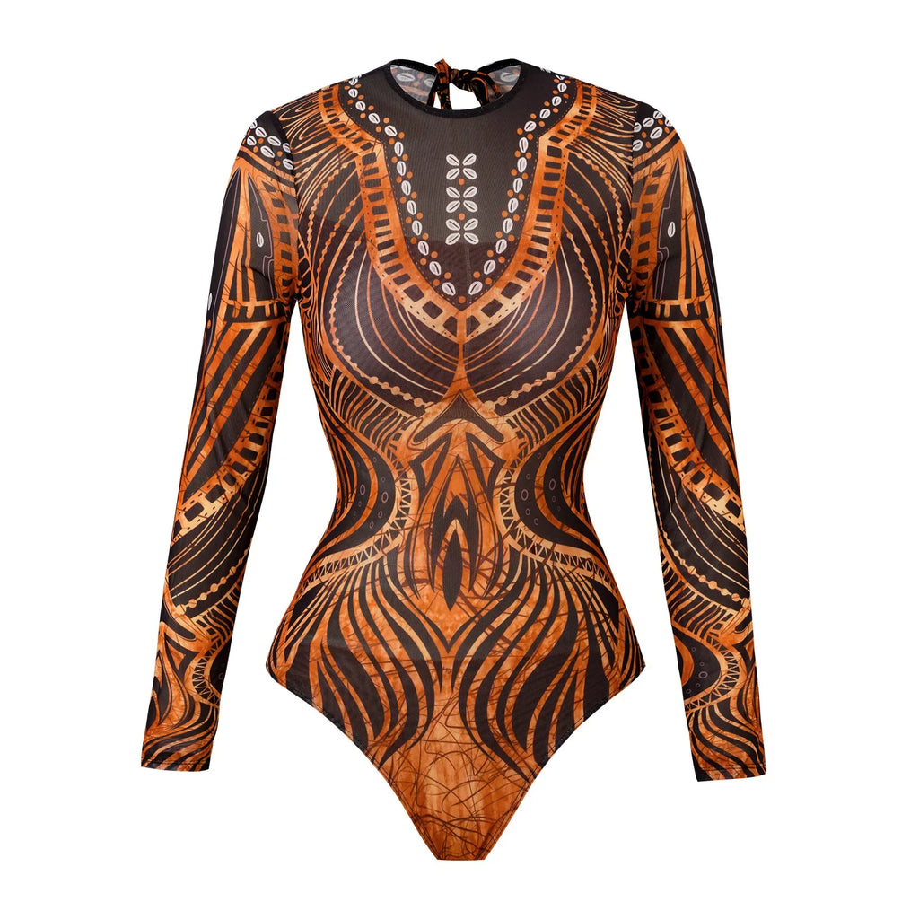Vintage Mesh Print Swimming Suit for Women Long Sleeve High Waist One Piece Swimsuit 2025 Beach Bathing Suit Купальник