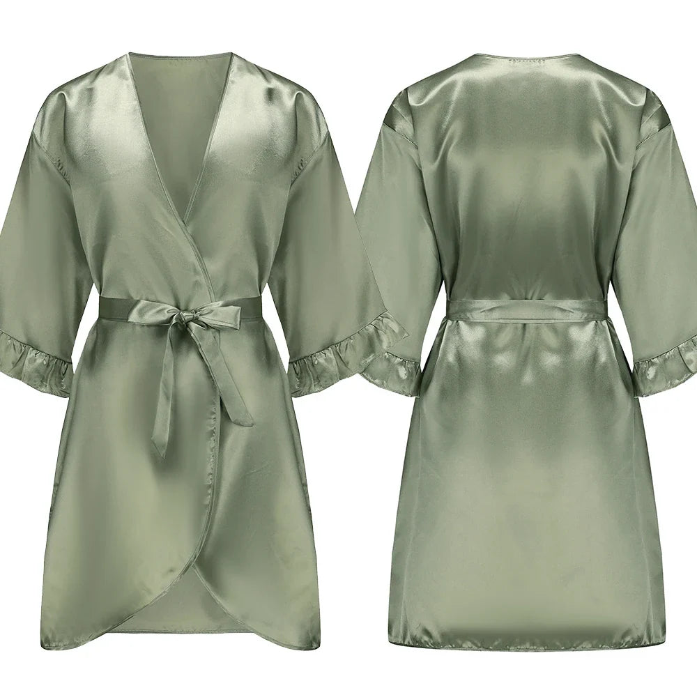 Grass Green Bride Satin-Silk Robe Women Bridal Party Sister Team Mother Shower Gift Bridesmaid Wedding Short Robes with Ruffle