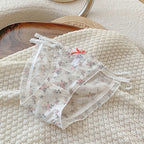 Women's panties  Cross waistband Hipsters Low Rise Lace Strappy Panties Transparent Mesh Floral Pattern Sweet Bowknot sexy femal