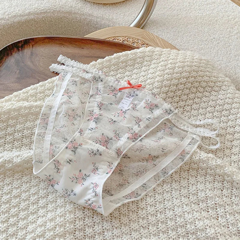 Women's panties  Cross waistband Hipsters Low Rise Lace Strappy Panties Transparent Mesh Floral Pattern Sweet Bowknot sexy femal