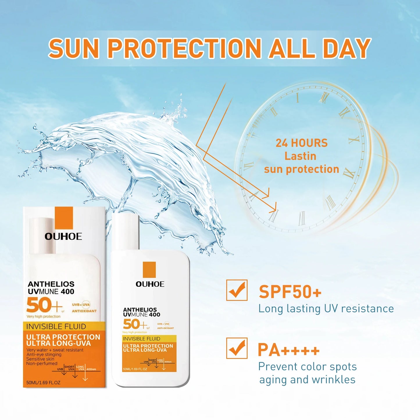 New Invisible Fluid Sunscreen SPF 50+ High Quality Water + Sweat Resistant Hydrating Moisturize Lotion Sunscreen Liquid Cream