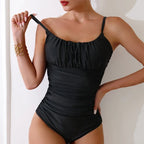 New Solid Black One Piece Swimsuit for Women Sexy Wrinkle Slim Pleate Tummy Control Swimwear Beach Bathing Suit Holiday Monokini