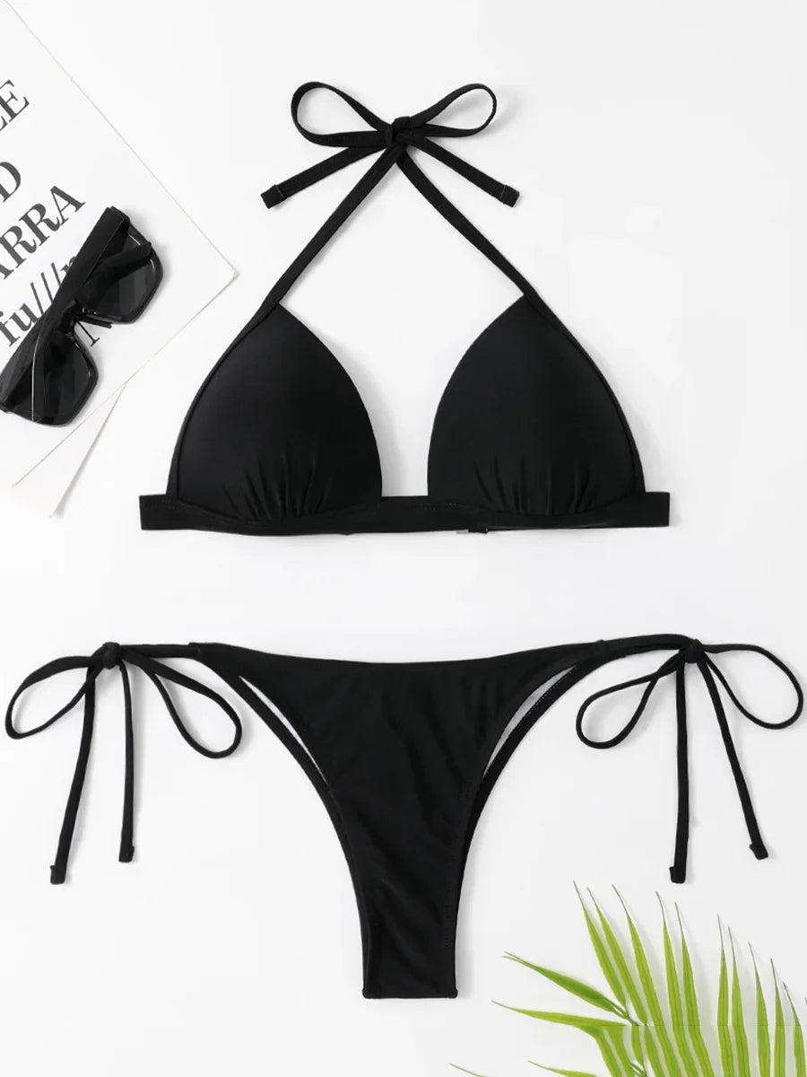 2025 Halter Bra Cup Bikini Sexy Swimsuit Female White Swimwear Women Push up Bikini set Brazilian Bathing Suit Bandeau Swim suit