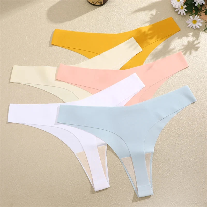 FINETOO 3PCS Women Ice Silk Seamless Underpants Panties Sexy V-Waist Sport Thongs Low Rise 10 Soild Colours Breathable G-string
