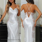 Sexy Hollow Out Long Nightgown Chemise Sleepwear Patchwork Perspective Lace Lingerie Women's Nightdress Homewear Rayon Nightwear
