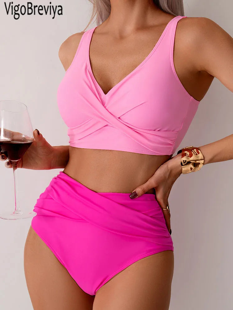 VigoBreviya 2027 Sexy Solid Strapped Swimwear Women Cross Push Up Bikini Set Brazilian Lady Swimsuit High Waist Beach Bath Suit