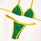 2026 Fashion Embroidery Brasil Flag Contrast Split Bikini Set Women Swimwear Patchwork Swimsuit Hottie Outfit SummerBeachwear