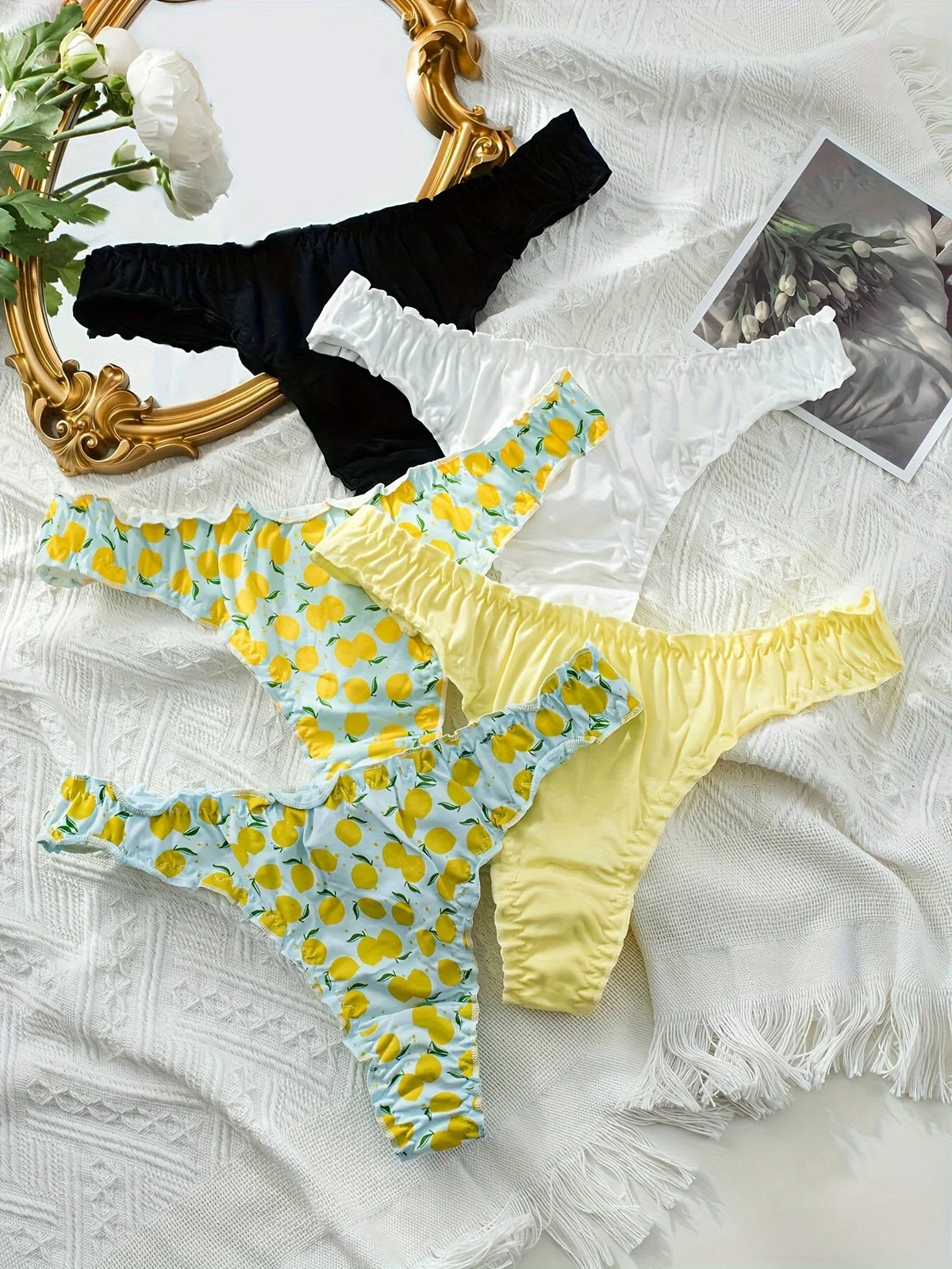 5-piece mixed fruit pattern pure cotton ruffled women's thong, wrinkled comfortable women's underwear