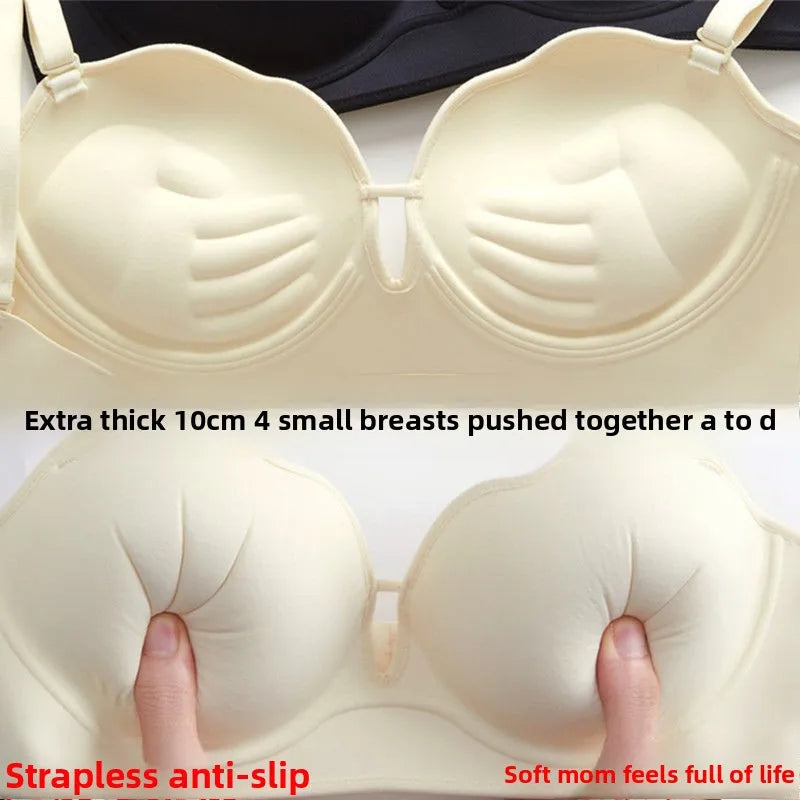 10cm Push Up Strapless Bra Extreme Lift for Small Bust Anti-Slip Silicone Grip Seamless Invisible Design Adhesive Free Plunge