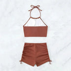 Brown Ribbed Swimwear Shorts Swimsuits Women Halter Bikinis Sets String Drawstring Bathing Suit Beachwear Sexy Bikini 2026 Mujer