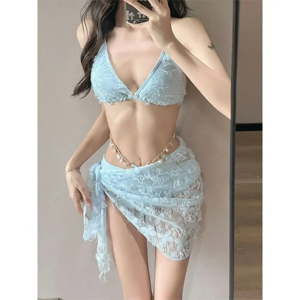 2026 Y2k Summer Cute Pink Sweet Patchwork Sets Cute Bow Design Sexy Lace-up Style Casual Bikini Swimsuit Beach Vaction Clothes