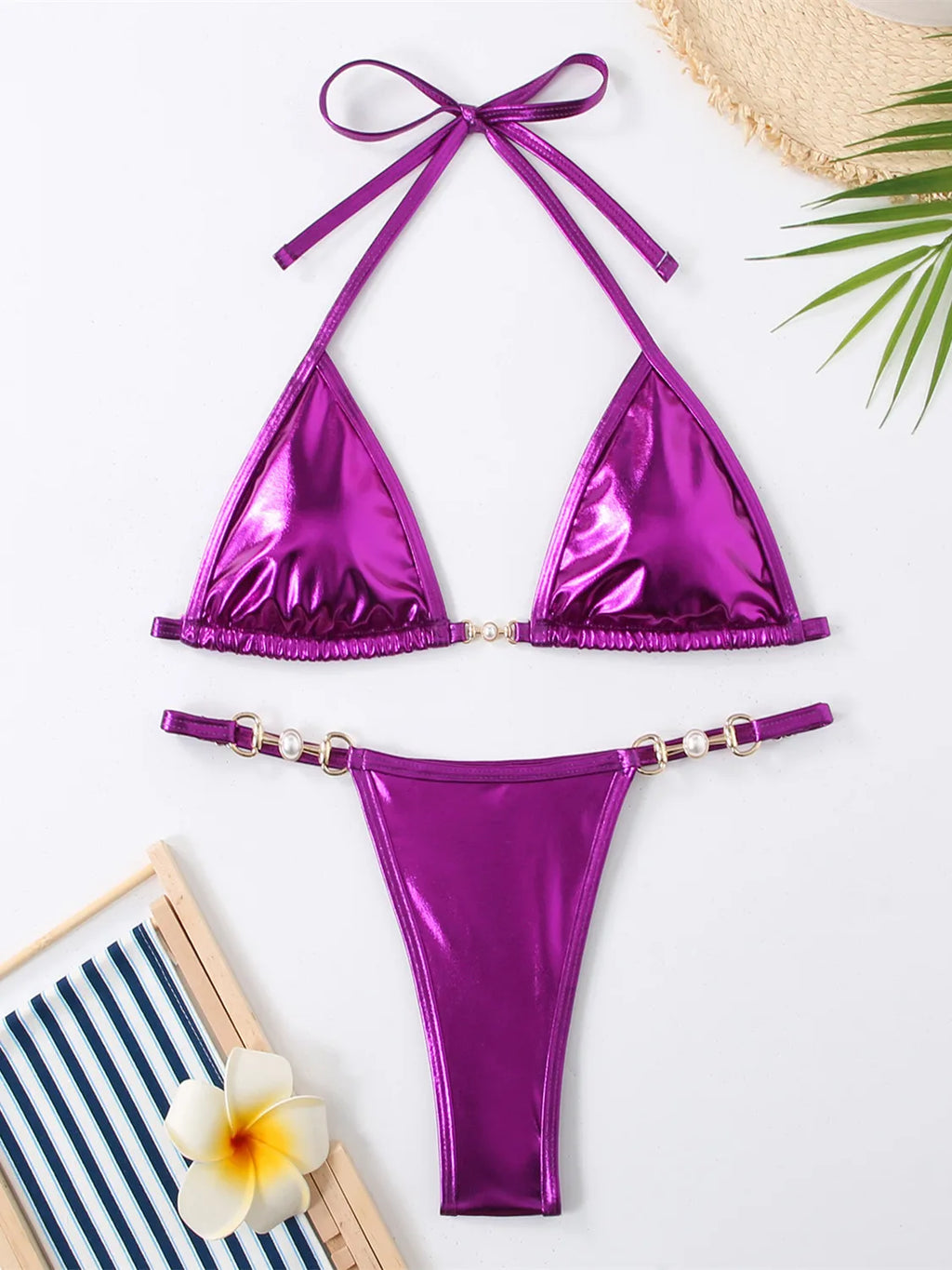 Shiny Pink Micro Bikini 2025 Mujer Women Sexy PU Pearls Push Up Thong Swimsuit Summer Bathing Suit Bandage Holiday Swimwear
