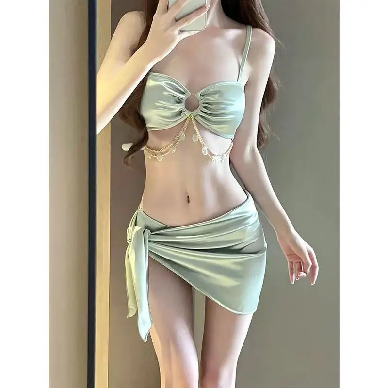 2026 Y2k Summer Cute Pink Sweet Patchwork Sets Cute Bow Design Sexy Lace-up Style Casual Bikini Swimsuit Beach Vaction Clothes