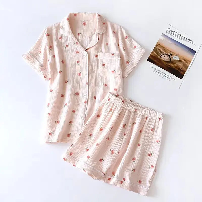 2025 Summer Ladies Short-sleeved Shorts Pajamas Set 100% Cotton Crepe Cloth Thin Home Service Two-piece Spring And Autumn Loose