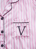 Striped Embroidered Letter Pocket Short Sleeve and Shorts Pajama Set, Casual Satin Sleepwear with Lapel Collar and Button Detail